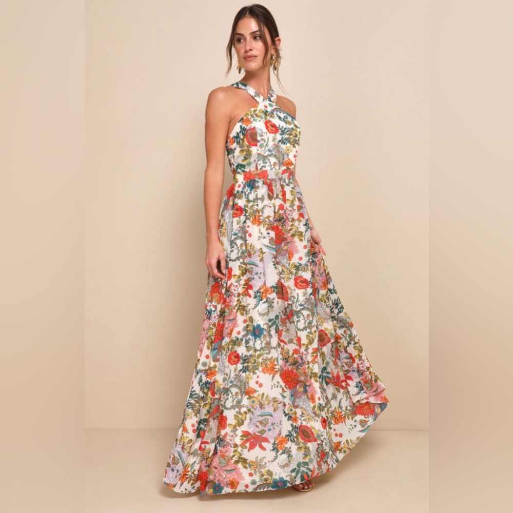 Lulu's Lilja Cream Floral Print Halter Chiffon Maxi Dress Large